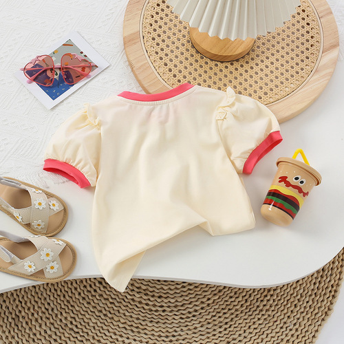 Korean-style children's clothing for girls, pink T-shirt summer wear, stylish cartoon crew neck top, children's versatile pure cotton short-sleeved top