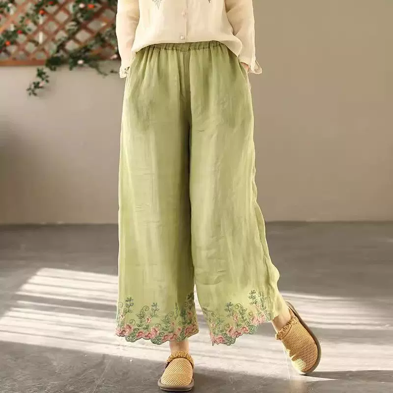 妈妈夏装棉麻阔腿裤女2024新款夏季棉麻女裤新中式绿色绣花裤子薄