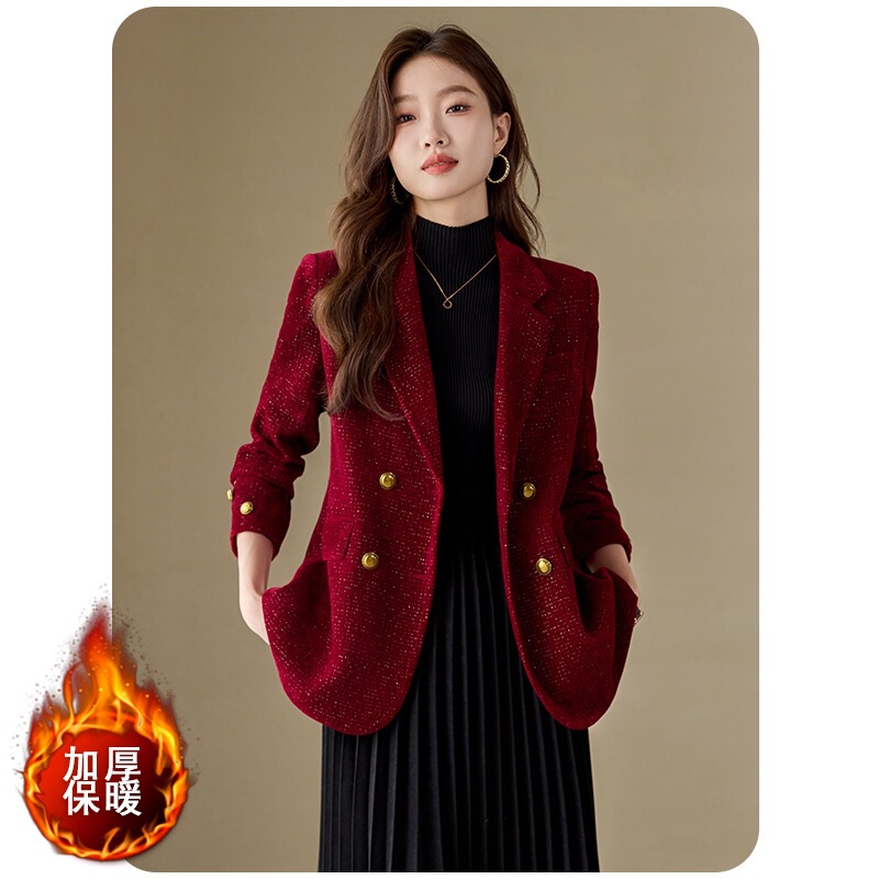 红色小香风西装外套女春秋夹棉厚款小个子气质休闲金丝绒西服上衣|undefined
