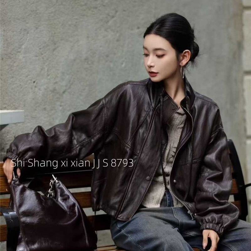 Standing Collar Drawstring Protein Leather Soft Loose Bearer Suit Leather Women's 2025 Spring New Solid Color All-Match Jacket