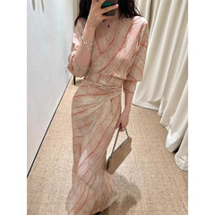 【緑夏】フランスの緑の花のフリルのvネックのストラップのワンピースの女性の春の夏の爽やかな気質の婦人服