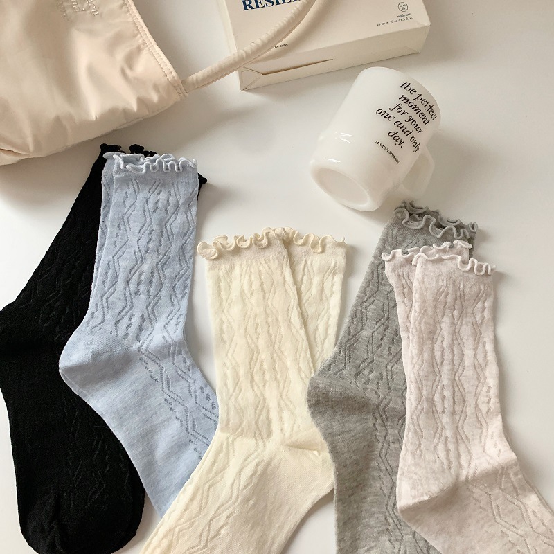 Solid Color Japanese Sweet Wood-ear Socks Women's Spring and Summer Thin Breathable Lace Jk Heap Mid-tube Socks Lolita