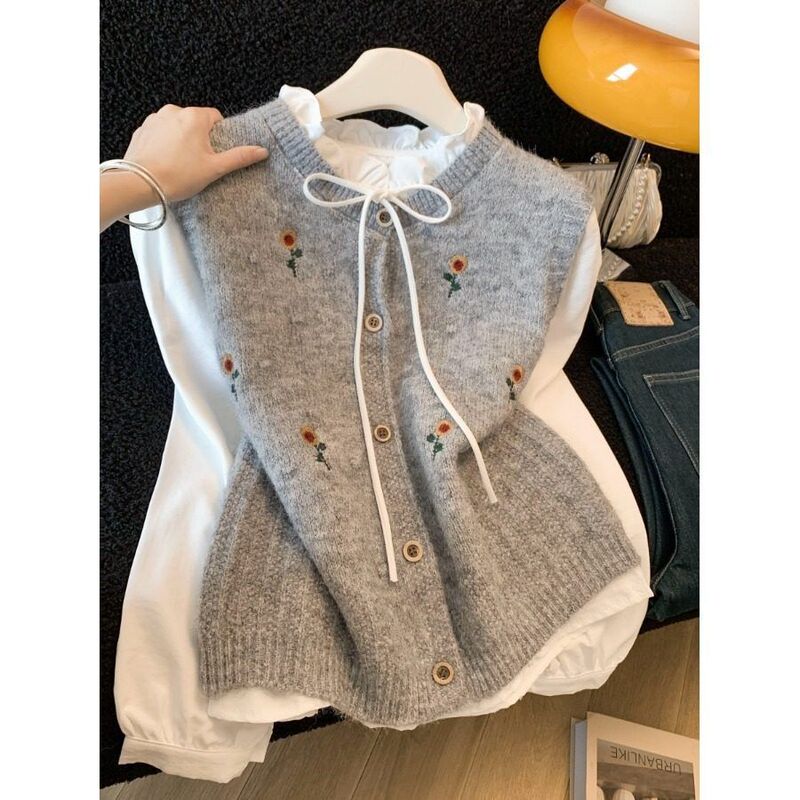 Lazy Floral Knitted Vest Shirt for Women, Spring and Autumn Korean Style Layered Vest Paired with White Shirt Set