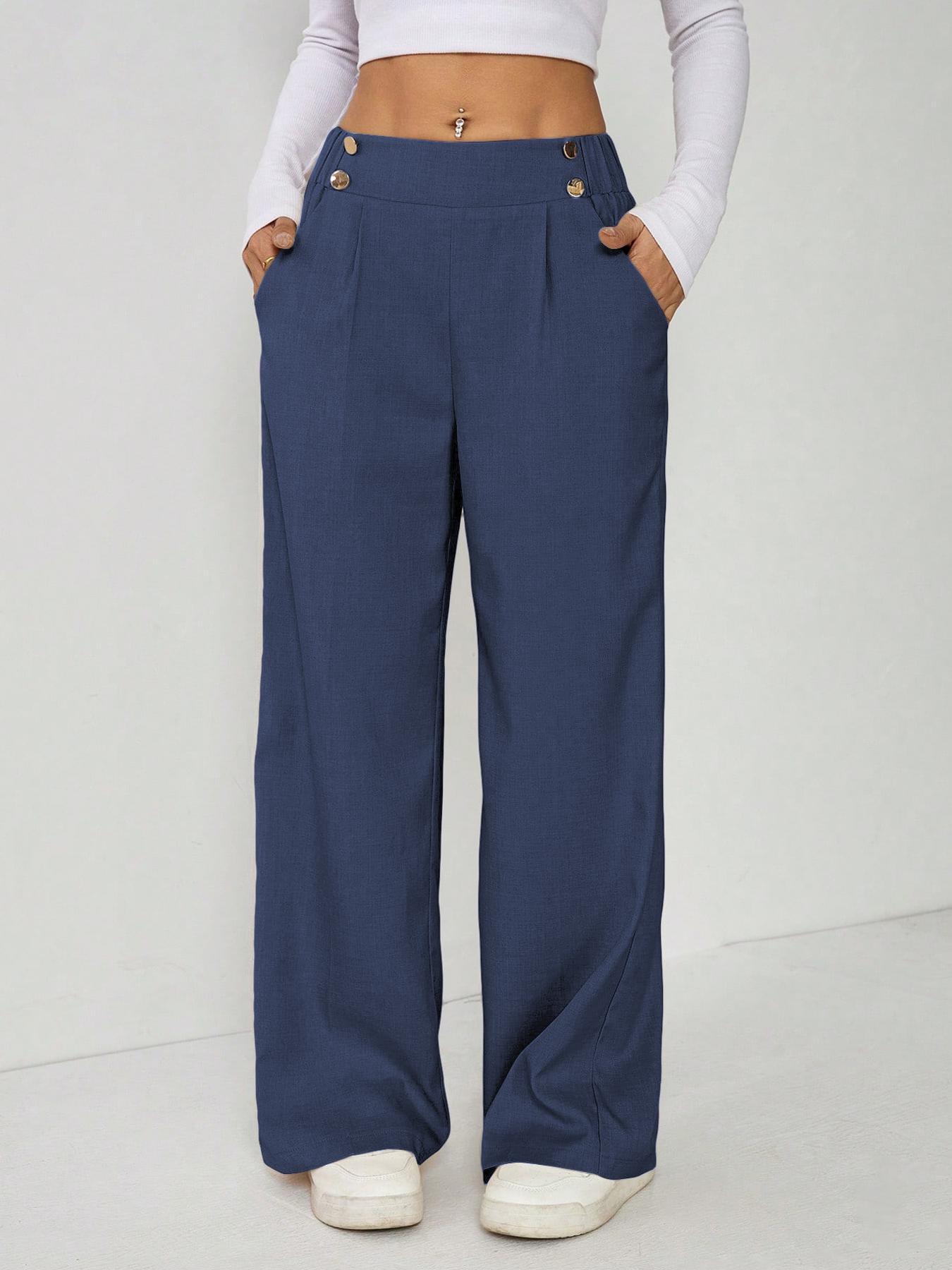 Women's Wide Leg Straight Leg Trousers Casual Fashion European American Style Button Decoration Commuting Pants_ecoleips.com