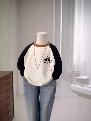 Boys' Spring Top 2025 Long-Sleeve Set-In Shoulder Children's Crew Neck Cartoon Top for Young Children Stylish and Versatile Splicing