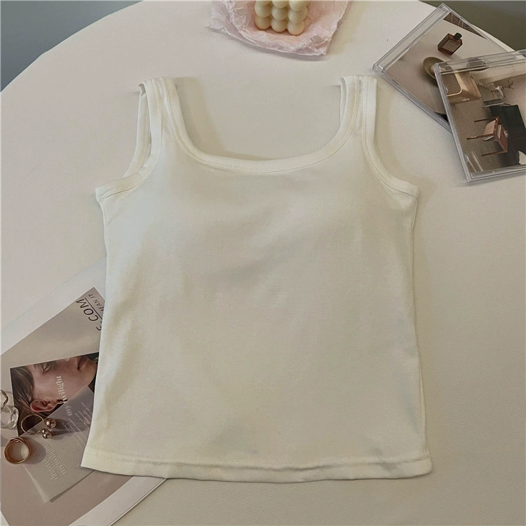 Cotton Sleeveless Tank Top (Women) with Built-in Cups, Square Neckline, Slim Fit, One Size