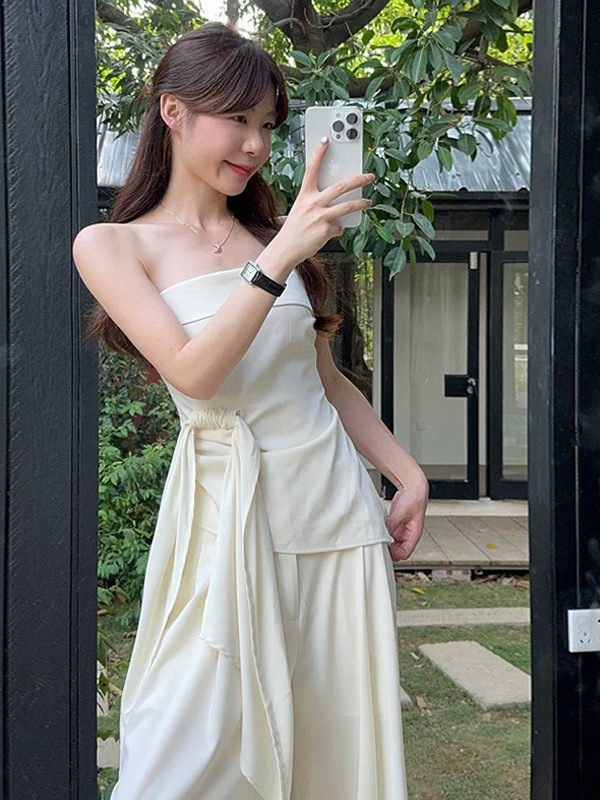 高级感不规则绑带收腰无袖抹胸背心女夏季新款高腰显瘦阔腿裤套装|undefined
