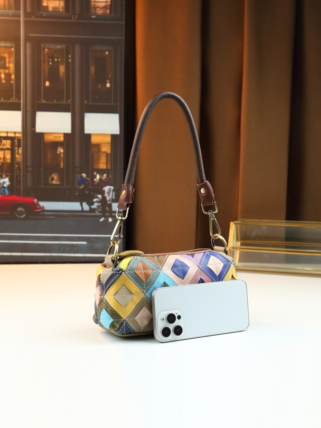 Women's Ethnic Style Colorful Plaid Leather Crossbody Shoulder Bag_voghion.com