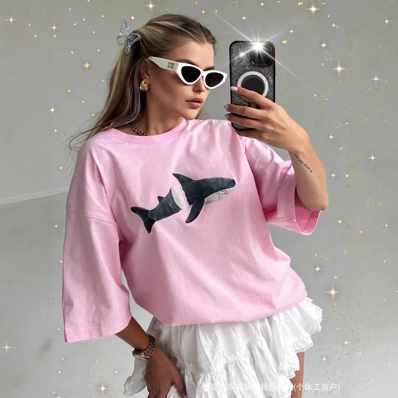 100% Pure Cotton Short-Sleeved Work Clothing Versatile Trendy T-Shirt 2026 Summer European and American Style Shark Outerwear Top for Women