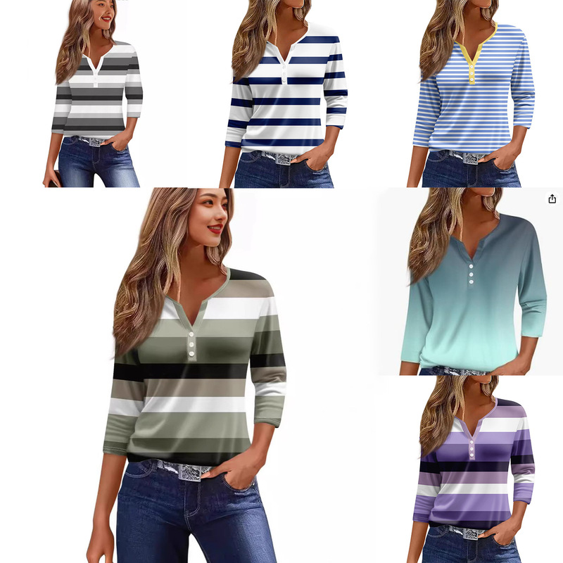 2024 Amazon Popular Women's T-Shirt V Neck Three-Button Printed Short-Sleeved European and American Women's Large Size Tops Source Factory