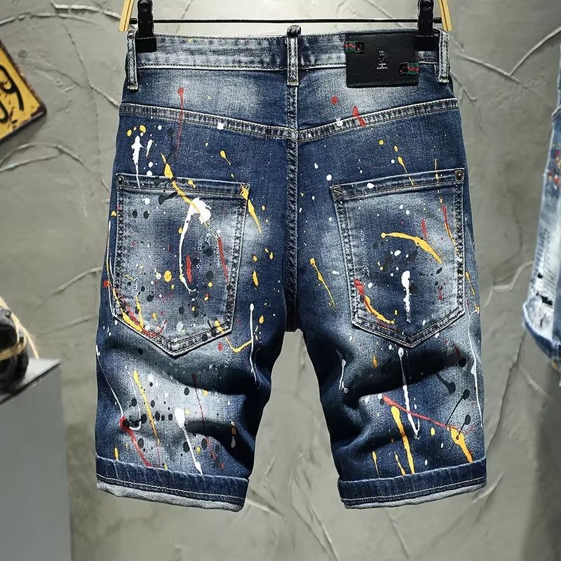 Men's Denim Shorts Splatted Ink Hole Denim Shorts For Men's Slim Fit Small Feet, Summer Thin Five Point Middle Pants, Korean Version,_voghion.com