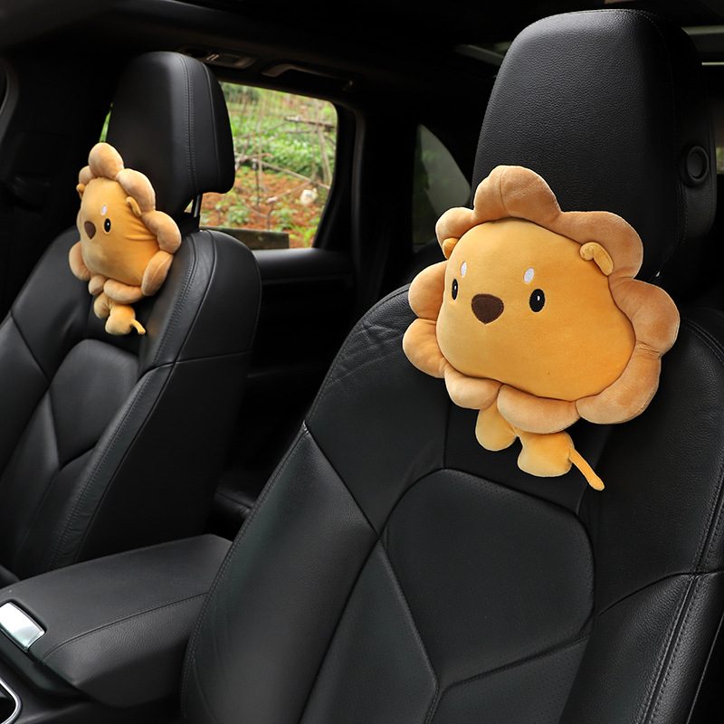 Cartoon car headrest, plush lion decorative neck pillow for car, Four Seasons automotive interior supplies