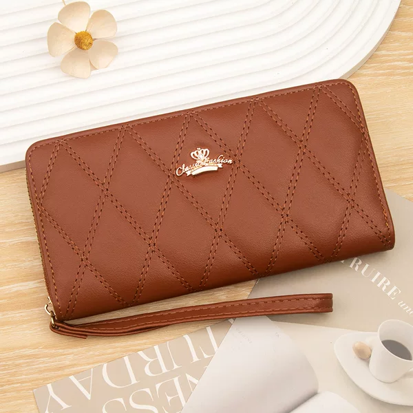 Solid-color PU women's long wallet, featuring a diamond-patterned crown design, multiple compartments, large capacity, and a wrist strap for easy carrying