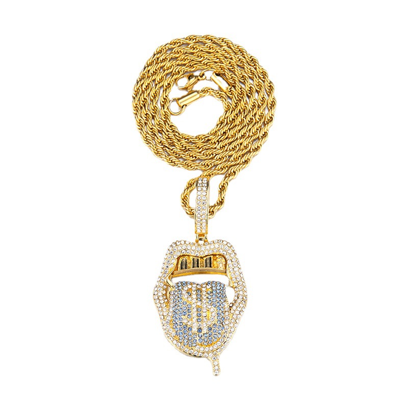 Pendentif Hip Hop créatif et minimaliste, tête de mort en diamant, grande langue, Design Dollar_voghion.com