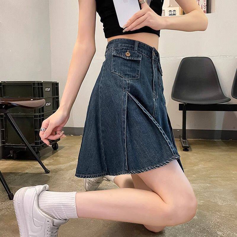 Chân váy denim xếp ly cạp cao dáng midi chống lộ, phong cách retro công sở — Xanh cổ điển