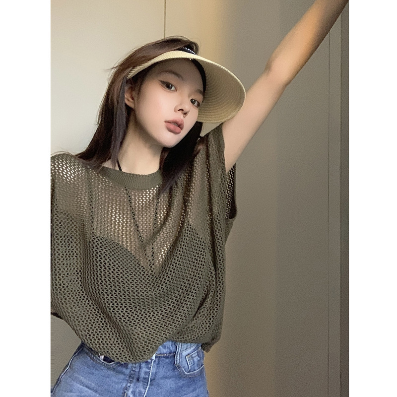 Cross-border short-sleeved T-shirt women's summer hollow ice silk sweater loose belly covering slimming casual all-match outerwear top