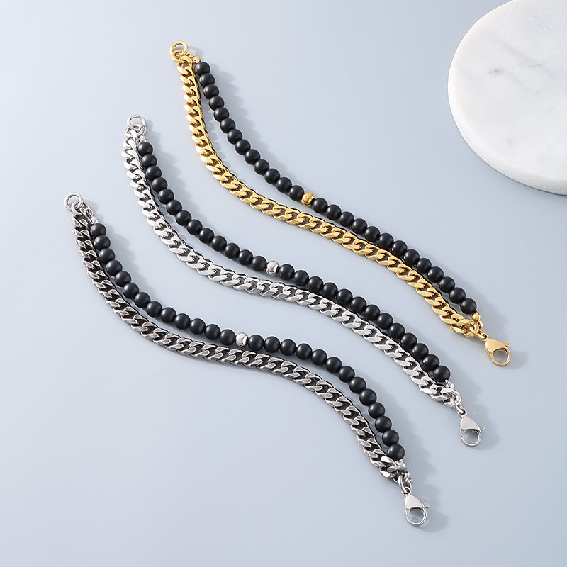 Retro Geometrisch Achat Titan Stahl Perlen Überzug Männer Armbänder Männer Ketten Armbänder display picture 5