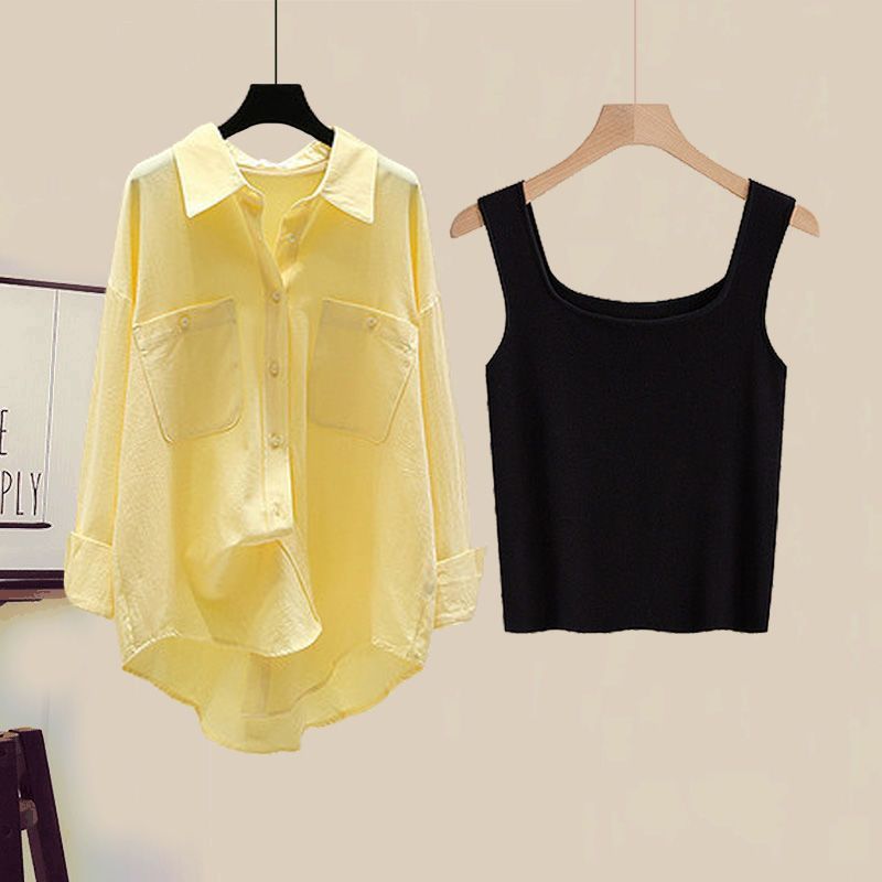 Damenbekleidung Stylisches Hemd Camisole Weste Schmaler Jeansrock Übergröße Damen Herbst-Outfit-Set - Stylisches Hemd, Tanktop & Jeansrock 3-teiliges Set_voghion.com