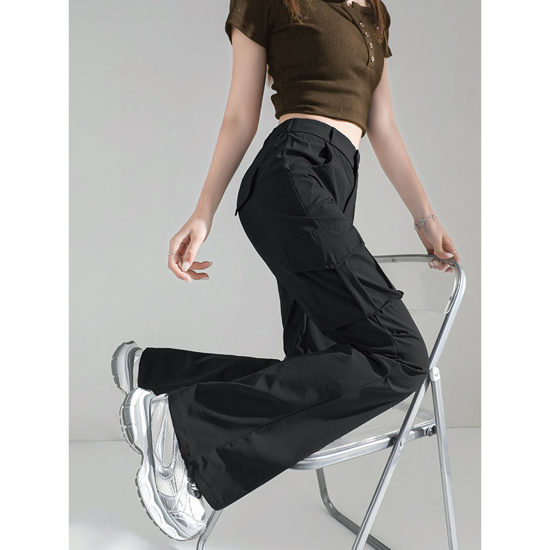 Black Sun-Protective Flared Cargo Pants for Women, Summer Thin High-Waisted Slimming Drapey Tight American-Style Quick-Dry Bell-Bottom Pants Black Sun-Protective Flared Cargo Pants for Women, Summer Thin High-Waisted Slimming Drapey Tight American-Style Quick-Dry Bell-Bottom Pants