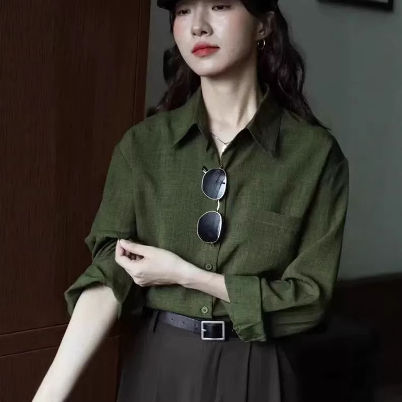 Dark Green Retro Solid Color Long-Sleeved Shirt 2026 Spring New Design Loose Slimming Shirt Top