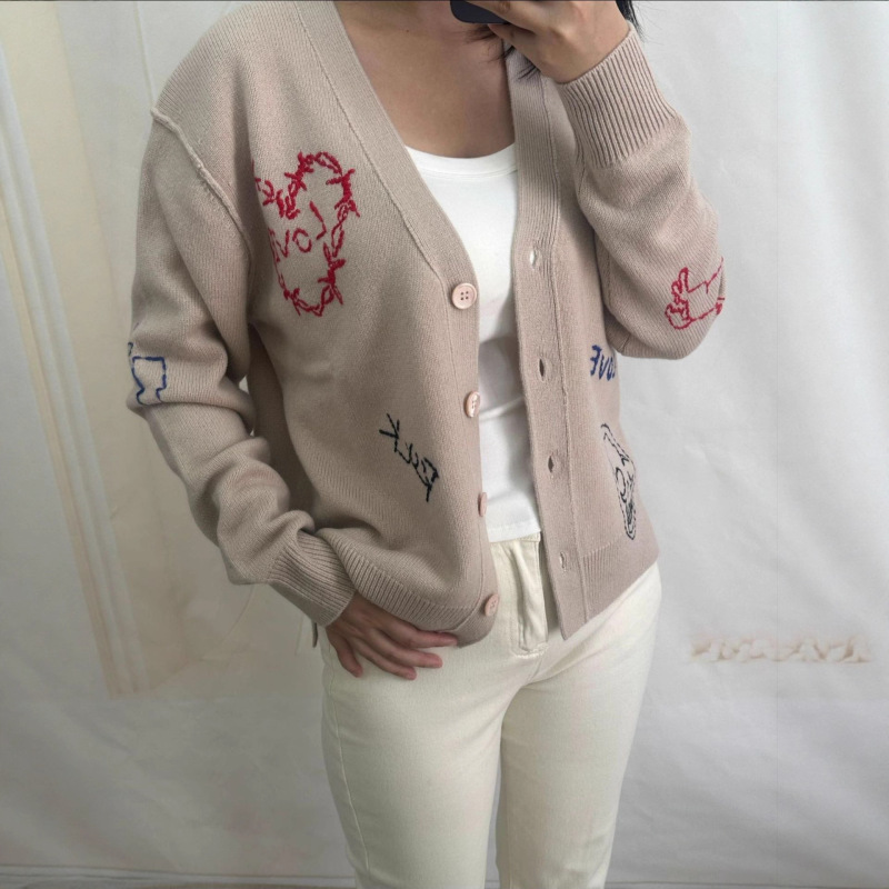 Zv25 New Autumn and Winter French Fashion Cashmere V Neck Heart Skull Letter Embroider Casual Knitted Cardigan Top Zv25 New Autumn and Winter French Fashion Cashmere V Neck Heart Skull Letter Embroider Casual Knitted Cardigan Top