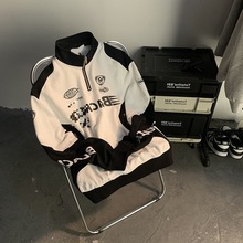 原创美式复古半拉链赛车服卫衣男女春秋情侣潮牌欧美高街机车外套