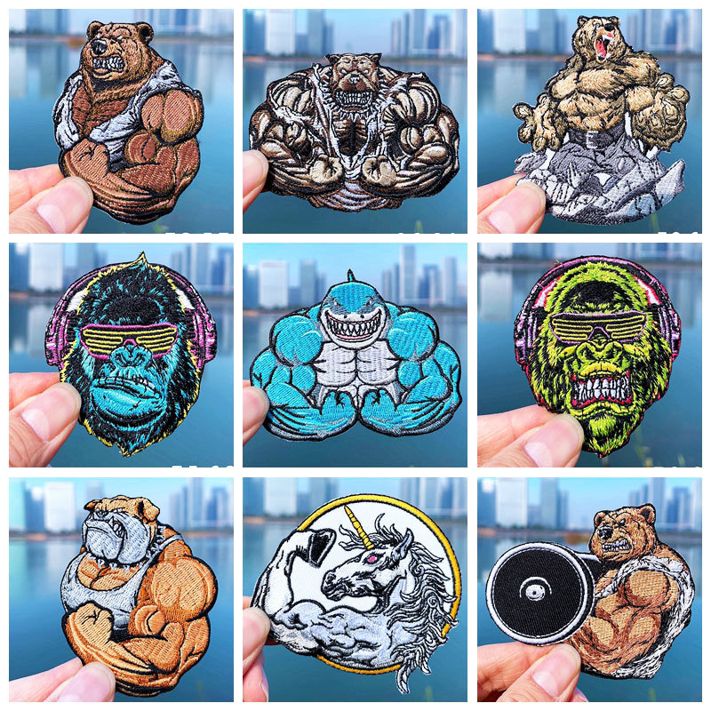 Muscle Bear Embroidery Cloth Sticker Orangutan Patches Sticker DIY T-Shirt Decorative Sticker