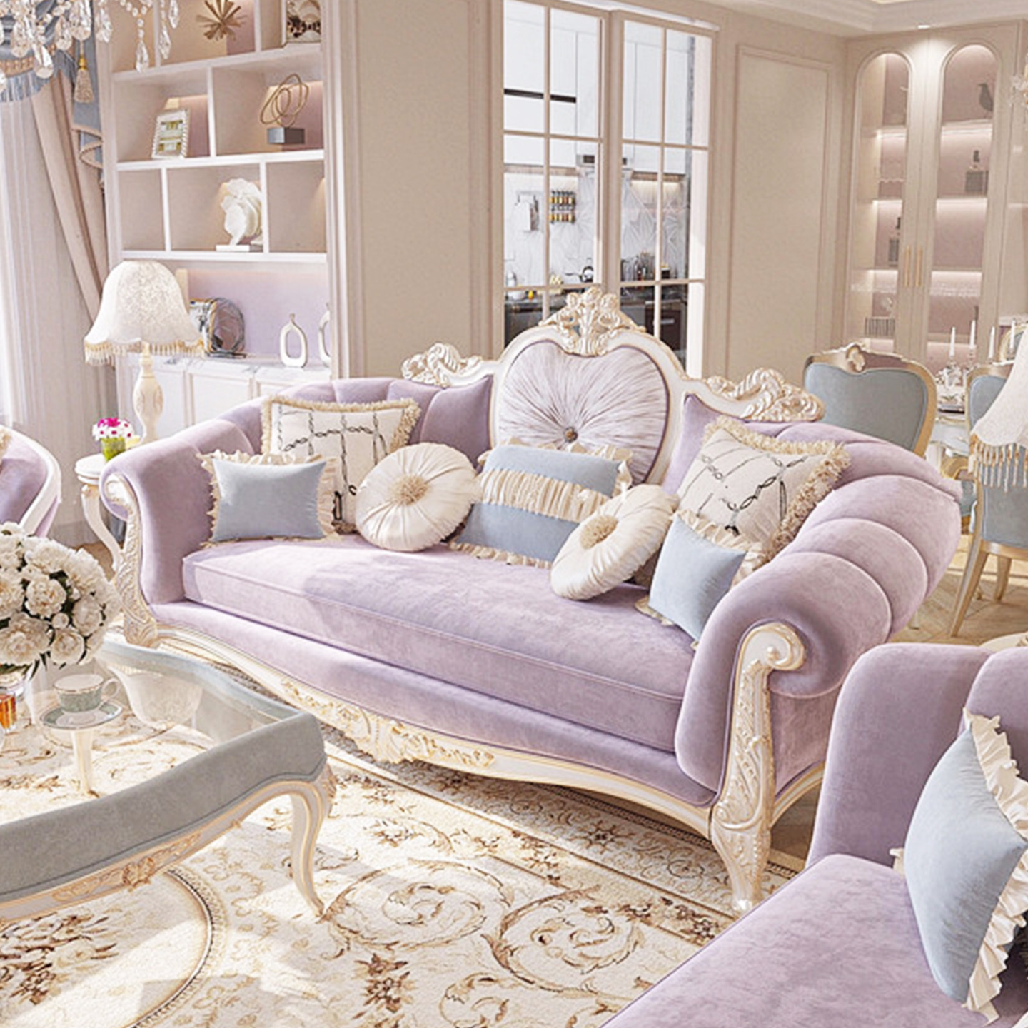 法式轻奢宫廷风实木雕花沙发客厅新古典欧式奢华三人位布艺沙发