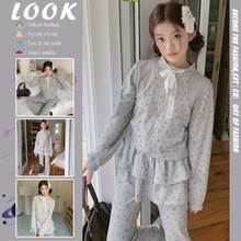 2025春秋季新款小众设计甜美韩系碎花卫衣外套花边长裤套装两件套