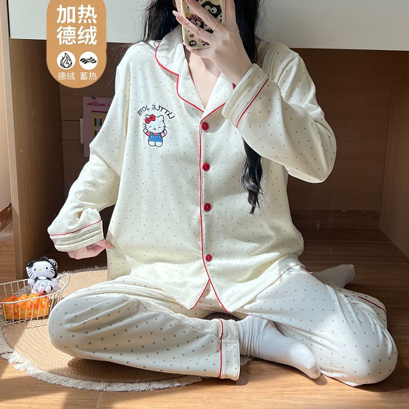 Pijamas de ternilla de mujeres otoño y invierno nuevo estilo japonés encantador conjunto de manga larga de dibujos animados gruesa ropa cálida para el hogar se puede usar fuera