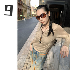 [9hour]美式POLO领长袖t恤女 2025秋季洋气百搭显瘦上衣女3726