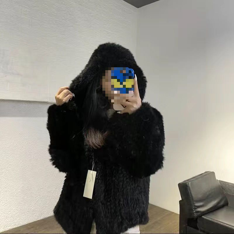 新款加密双面编织连帽韩版短款兔毛编织网红年轻毛毛皮草外套宽松