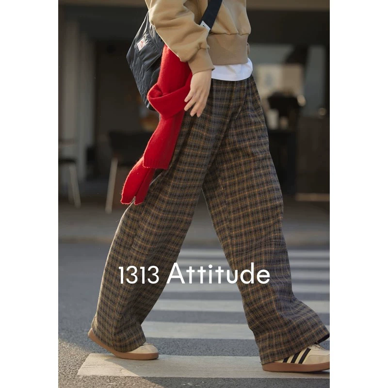 [Спот] 1313 Mailard ретро клетчатые брюки с широкими ножками повседневные зимние женские клетчатые брюки свободные теплые брюки