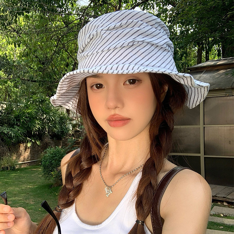日本製ストライププリーツフラットトップフィッシャーマンハット女性用夏綿とリネンの薄い通気性のある芸術的な気質盆地帽子サンハット|undefined