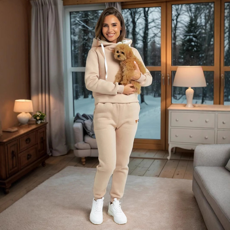 Cross-border New Winter Warm Women's Casual suit Solid Color Hooded Drawstring Sweat Sports Pants Two-piece Set for Women