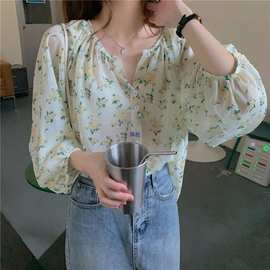 韩系甜美小清新碎花长袖雪纺衬衫女夏季复古气质超仙宽松上衣