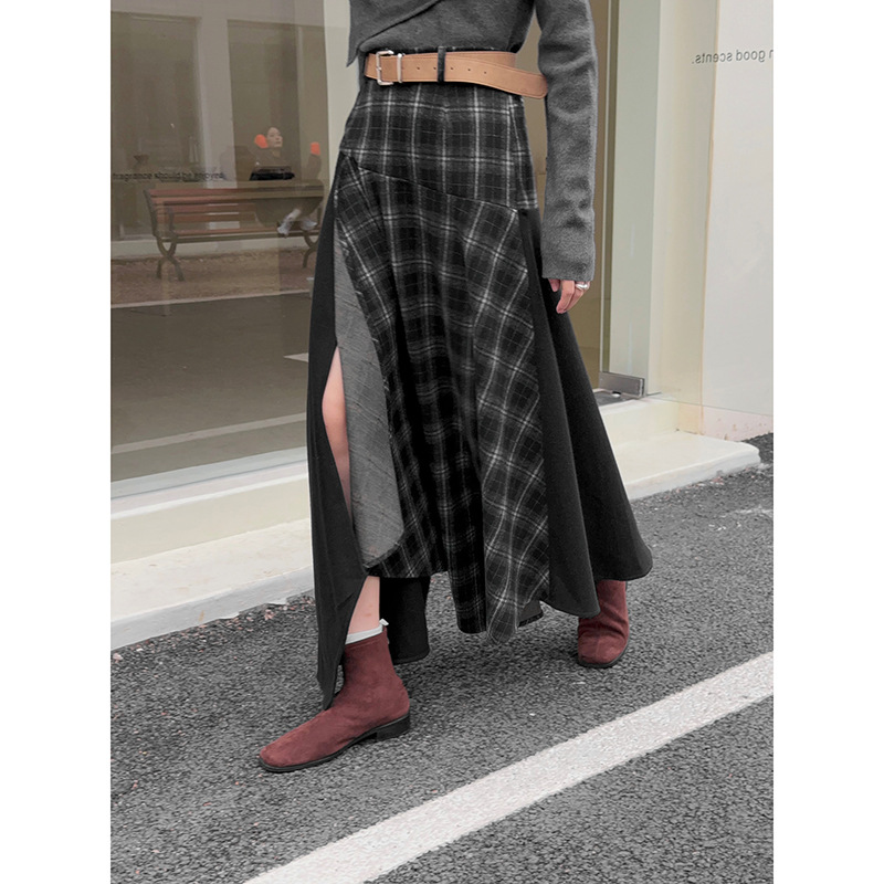 【弘大艺术生】歌铭复古不规则撞色格子半身裙女冬季a字裙子N767C