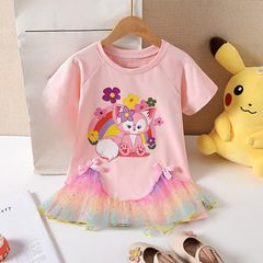 女童連衣裙2024夏季新款洋氣兒童星黛露公主裙女寶寶網紗拼接裙子