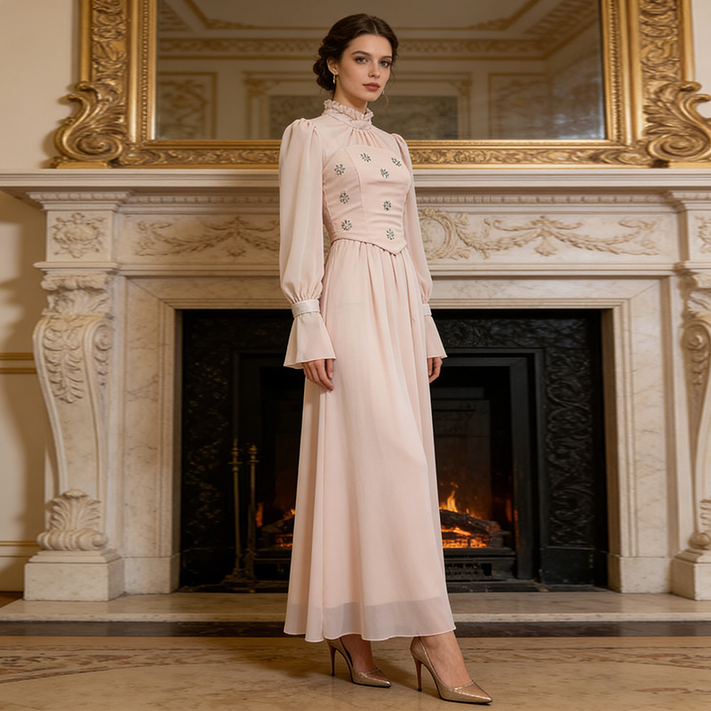 French Court-Style Dress 2026 Autumn New High-Neck Ruffled Puff Sleeve Waist-Cinching Long Dress for Women