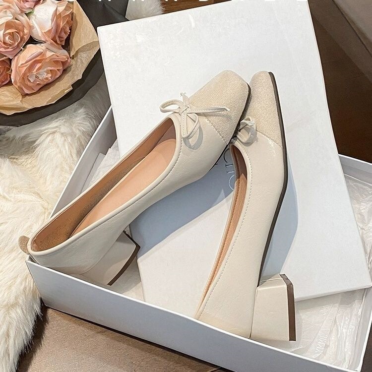 Bowknot Shallow Mouth Single Shoes for Women, Chunky Heel, 2026 Spring and Autumn New Style, Square Toe, Mid-Heel Granny Shoes, High-Heel Work Shoes