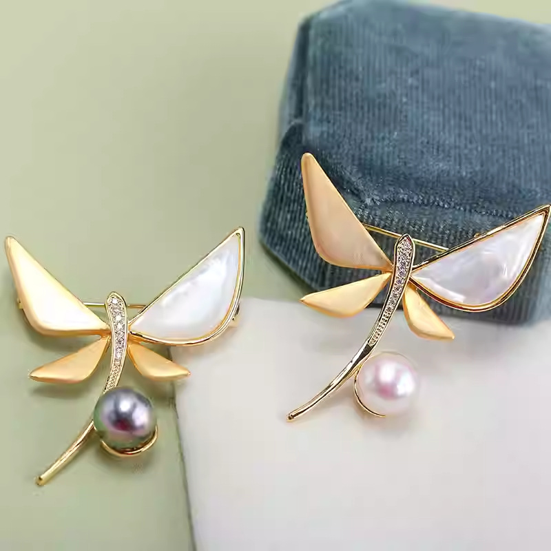 DIY Accessories Copper Gold-Plated Micro-Paved Zircon Dragonfly Shell Brooch Exquisite Accessories Pearl Corsage Empty Brooch