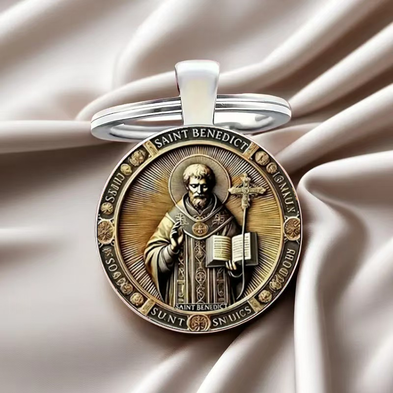 New St. Benedict Cross Protection Amulet Round Creative Car Bag Pendant Metal Glass Keychain