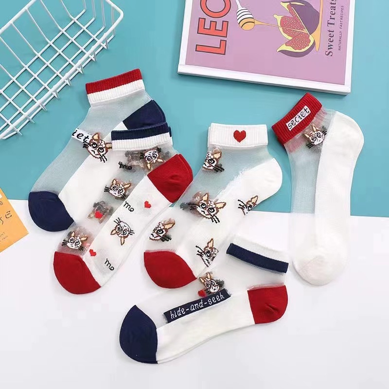 Socks Women's Summer Ultra-thin Short Socks Transparent Glass Card Silk Stockings Sweat-absorbent Cotton Socks Cartoon Cat Boat Socks Explosions