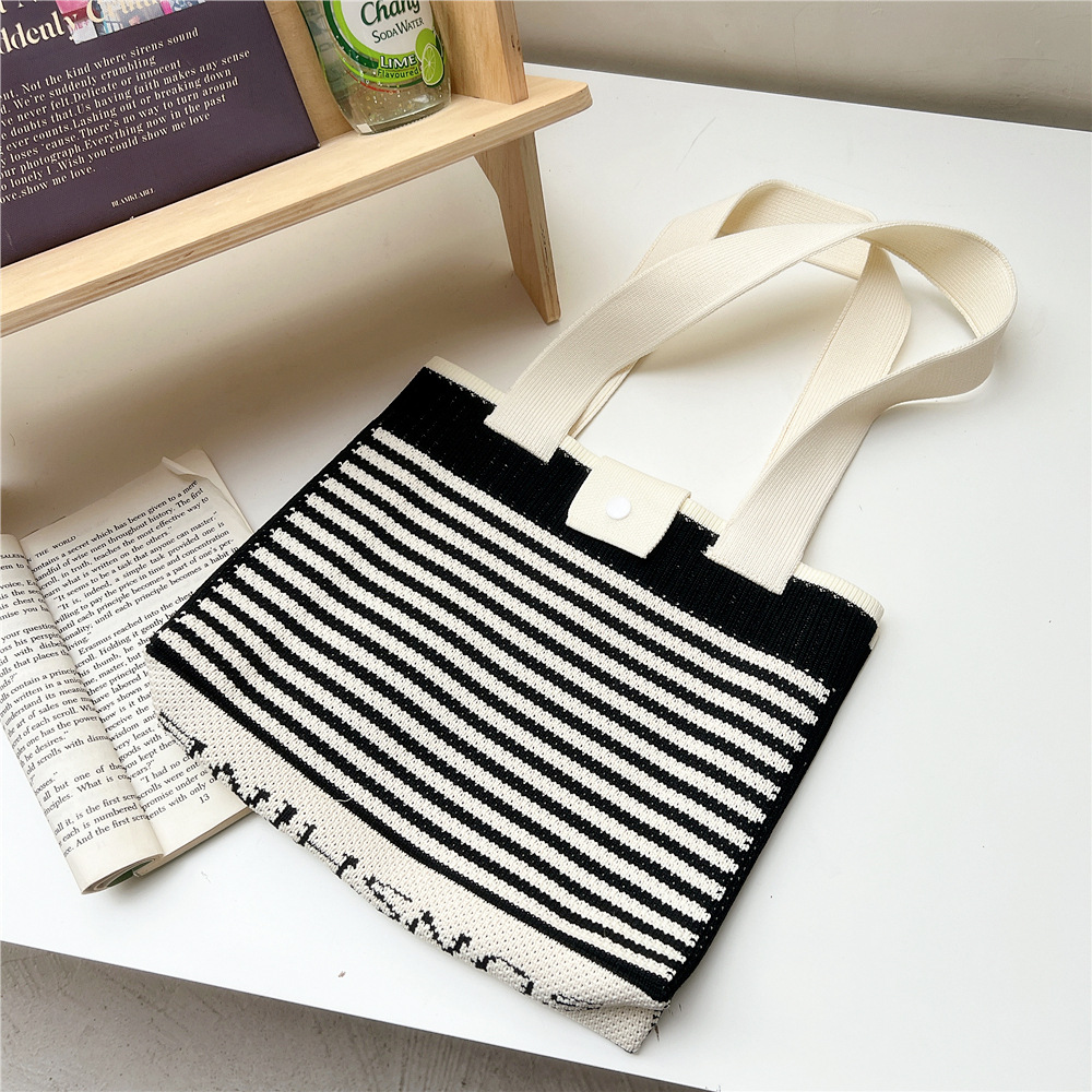 202g Weight Polyester Lining Material Buckle Closure Type Double Shoulder Straps Strap Type Tote Bag Bags Type Daily, Shopping Occasion Knit Material Stripe Pattern All Seasons Season Women's Gender Classic Style Style Medium Size Women's Medium Knit Stripe Classic Style Buckle Tote Bag 6