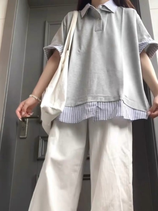 美式复古假两件拼接翻领短袖t恤女夏2025新款宽松减龄百搭上衣ins|undefined