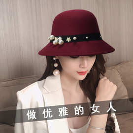 春秋法式珍珠礼帽毛呢女名媛风时尚元圆顶遮阳帽太阳帽洋气时尚帽