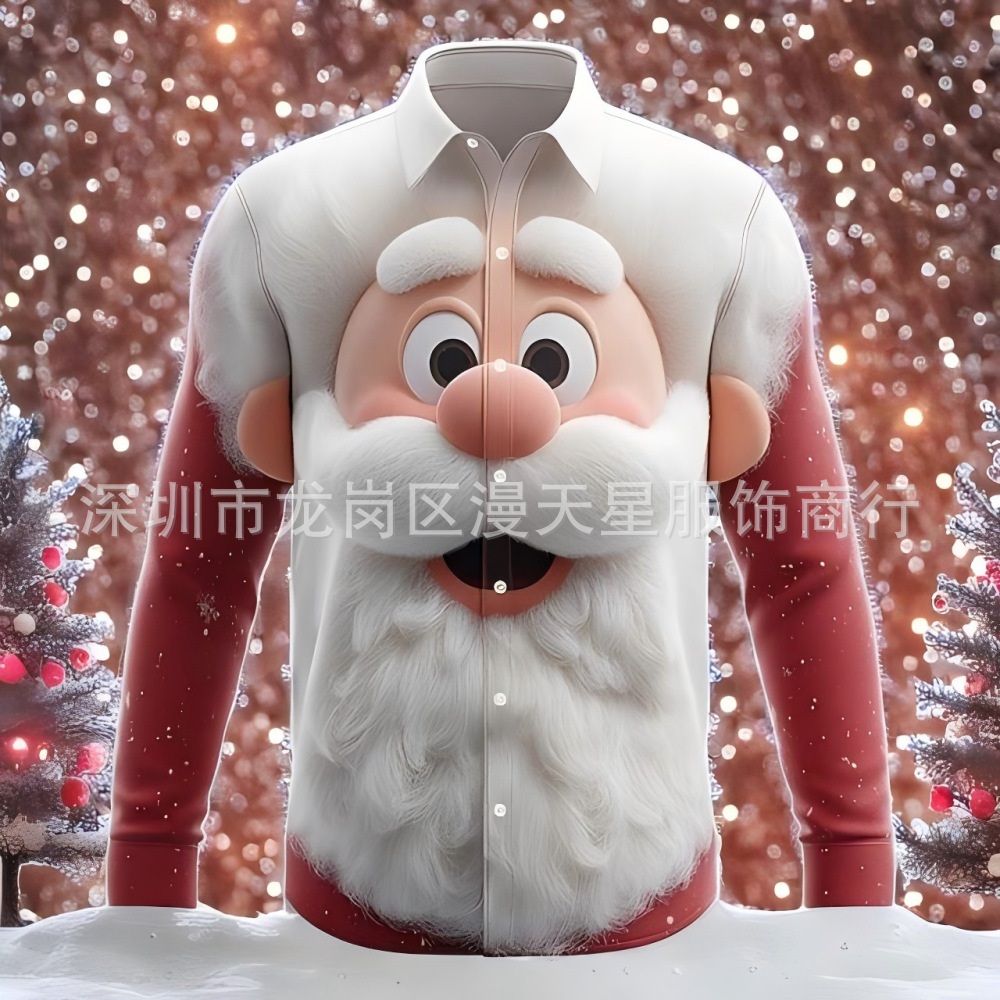 2025跨境新款 圣诞节圣诞老人衬衫长袖圣诞礼物3D数码印花衬衣COS