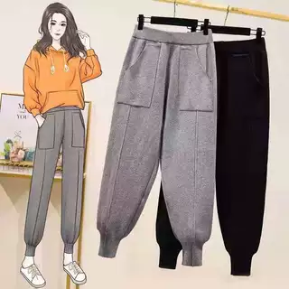 秋季新款时尚高腰百搭哈伦裤女休闲通勤风宽松腿粗显瘦针织长裤女