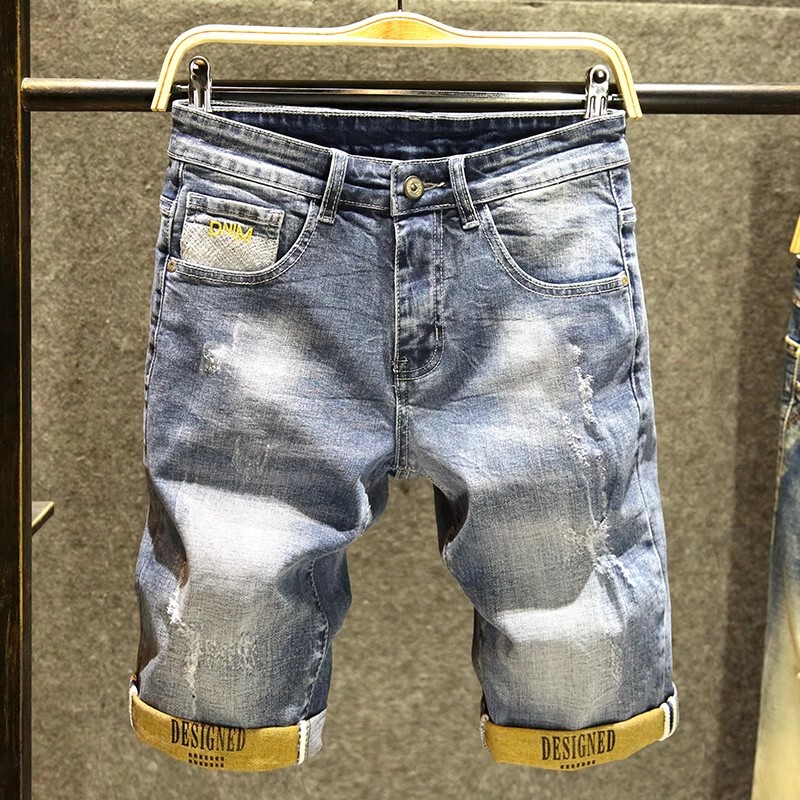 Trendy Brand Ripped Denim Shorts for Men, Summer Thin Slim-Fit Straight-Leg Five-Point Pants, 2026 New Korean Style Mid-Length Pants