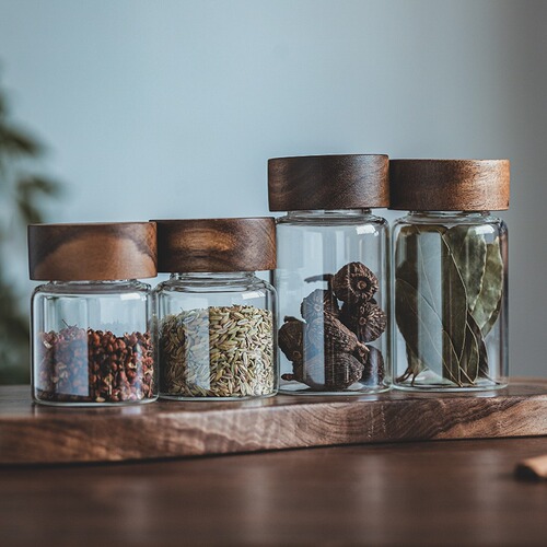 Small threaded wooden lid sealed glass jar B&B household tea jar coffee beans grains spice storage storage bottle